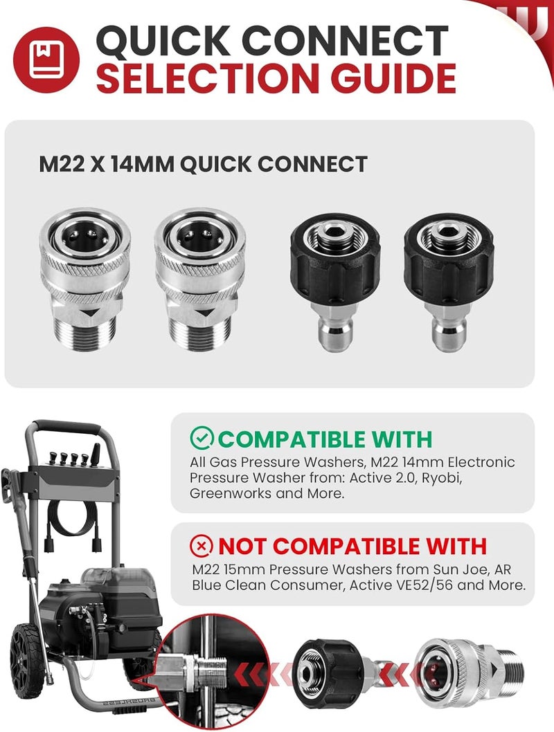 WOJET Pressure Washer Quick Connect Kit, M22 14mm Quick Connect Pressure Washer Fittings, M22 to 3/8 Quick Connect, Garden Hose Quick Connect, Pressure Washer Adapter Set, Stainless Steel Hose Adapter - Image 5